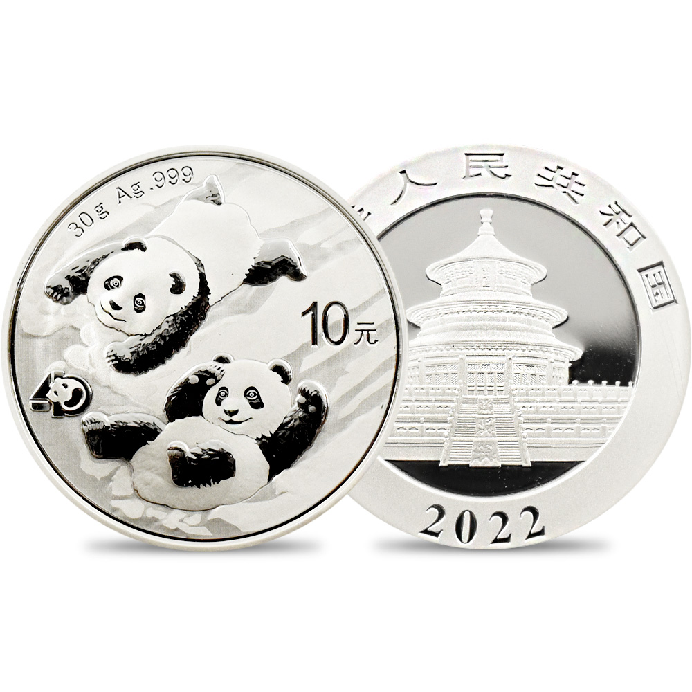 地金型4：2028 中国 2022 パンダ 10元 30g 銀貨 【5枚】 (コインケース付き)
