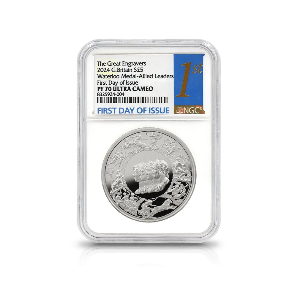 モダンコイン4：6205 2024 チャールズ3世 ワーテルロー・メダル - 連合国代表 5ポンド2オンス銀貨 発行即日鑑定品 NGC PF70UC 箱付き