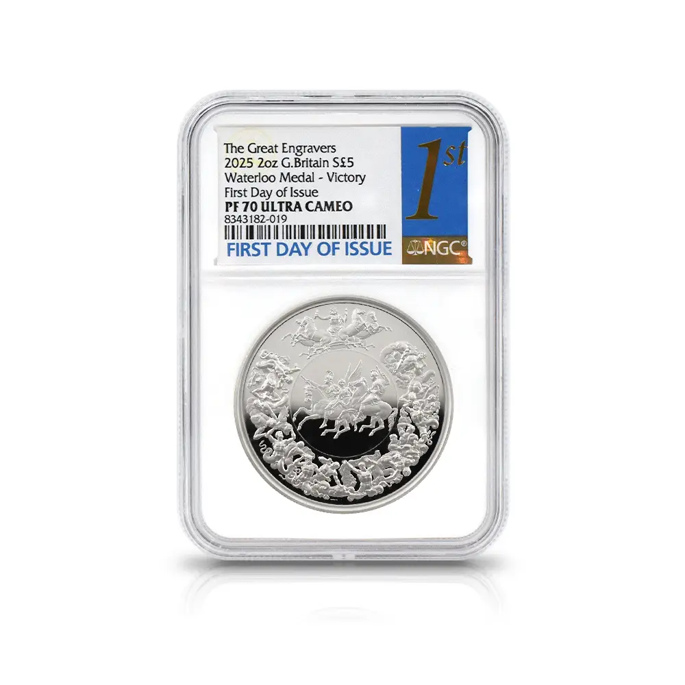 モダンコイン4:6209 2025 チャールズ3世 ワーテルロー・メダル - 勝利 5ポンド2オンス銀貨 発行即日鑑定品 NGC PF70UC 箱付き