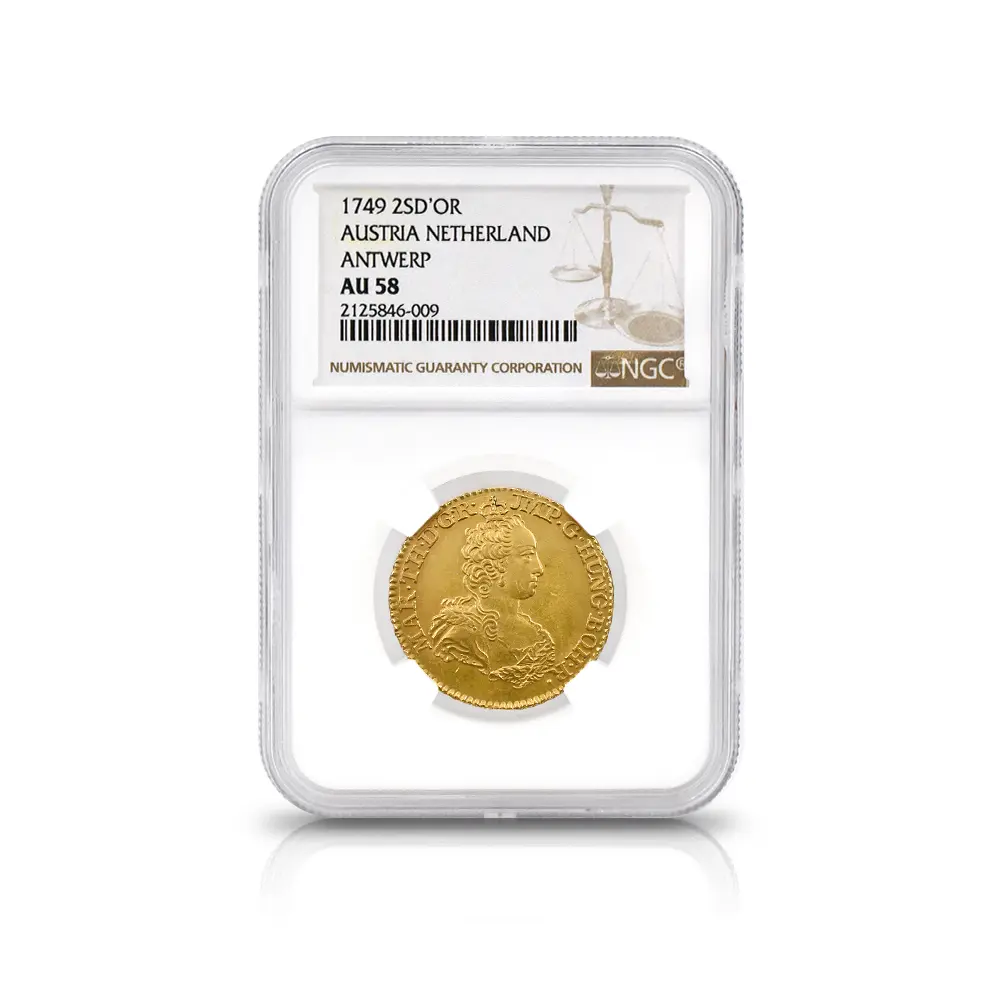 アンティークコイン4：6216 オーストリア領ネーデルランド 1749 マリア・テレジア 2スーヴェラン・ドール金貨 NGC AU58