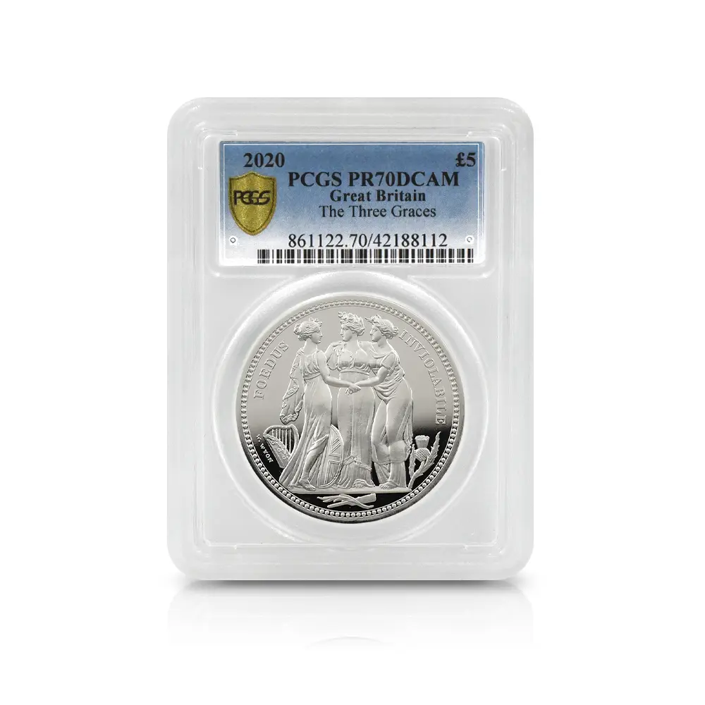 モダンコイン4：6225 2020 エリザベス2世 スリーグレーセス 5ポンド2オンス銀貨 PCGS PR70DC 箱付き