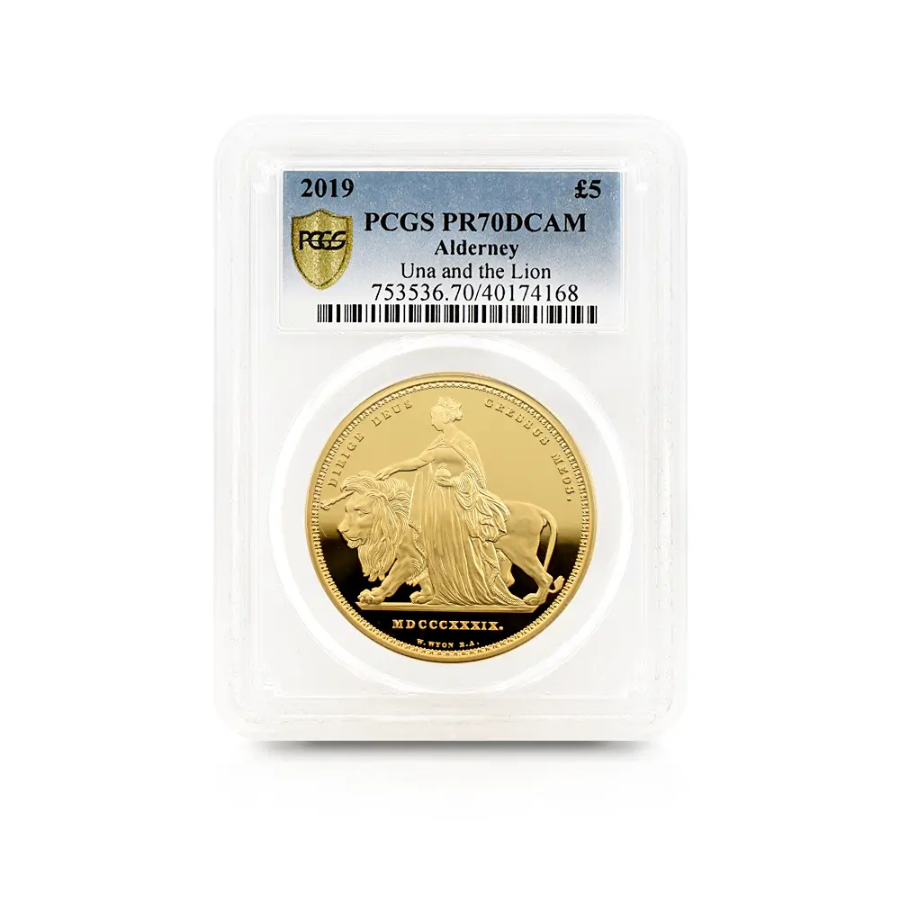 モダンコイン4：6227 オルダニー島 2019 エリザベス2世 ウナ＆ライオン 5ポンド金貨 PCGS PR70DC 箱付き