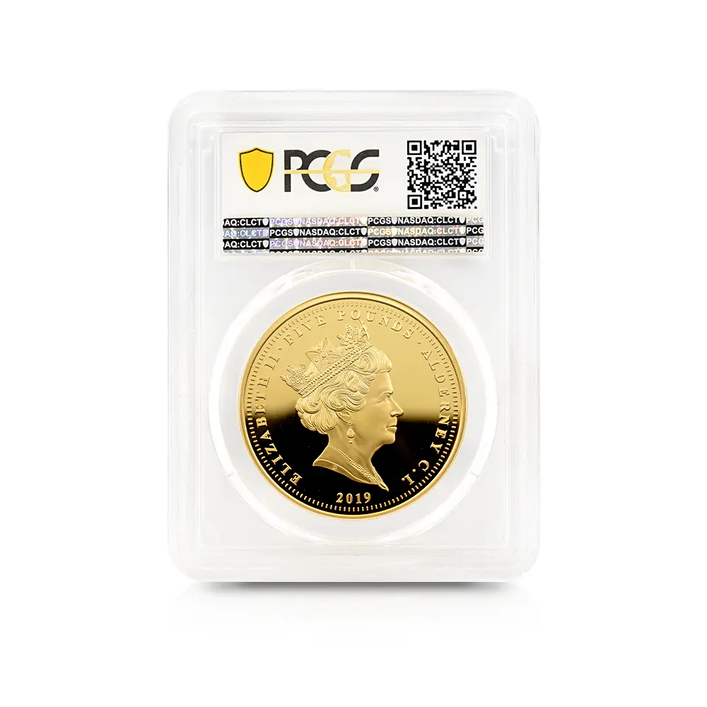 モダンコイン5：6227 オルダニー島 2019 エリザベス2世 ウナ＆ライオン 5ポンド金貨 PCGS PR70DC 箱付き