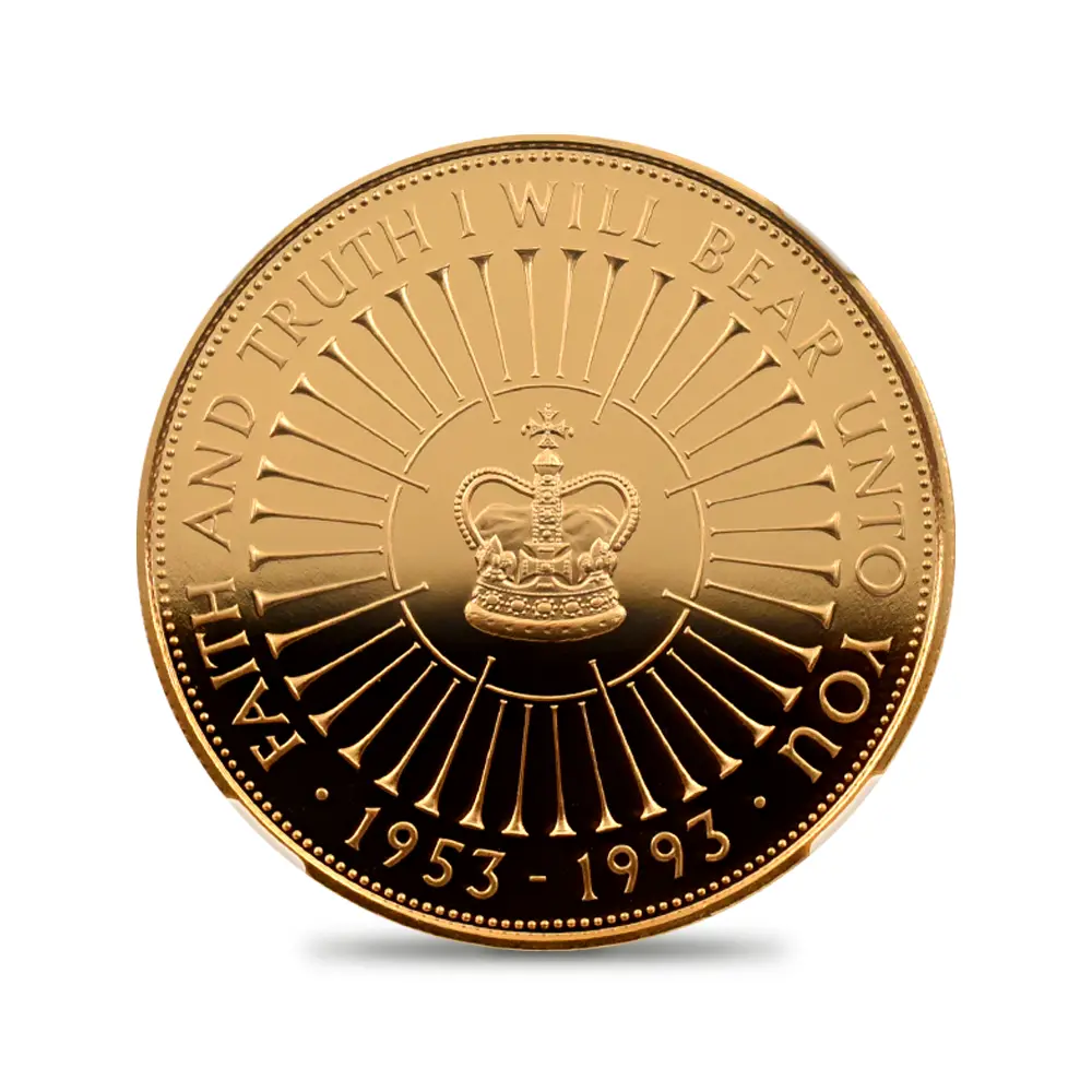 モダンコイン2：4897 1993 エリザベス2世 ヤングヤング 戴冠40周年記念 5ポンド金貨 NGC PF70UC 箱付き