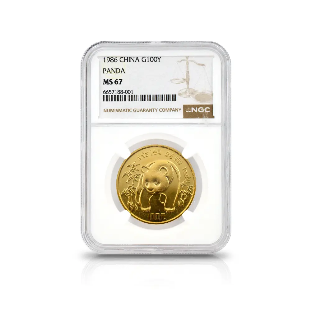地金型4：6236 中国 1986 パンダ 100元 金貨 NGC MS67