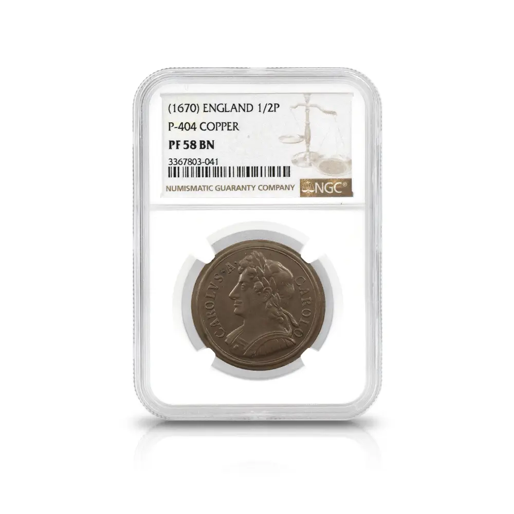 アンティークコイン4：6244 (1670) チャールズ2世 1/2ペニー 銅貨 NGC PF58BN P-404