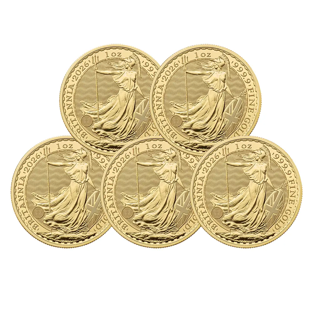 地金型2：6287 イギリス 2026 チャールズ3世 ブリタニア 100ポンド 1オンス 金貨【5枚】 (コインケース付き)