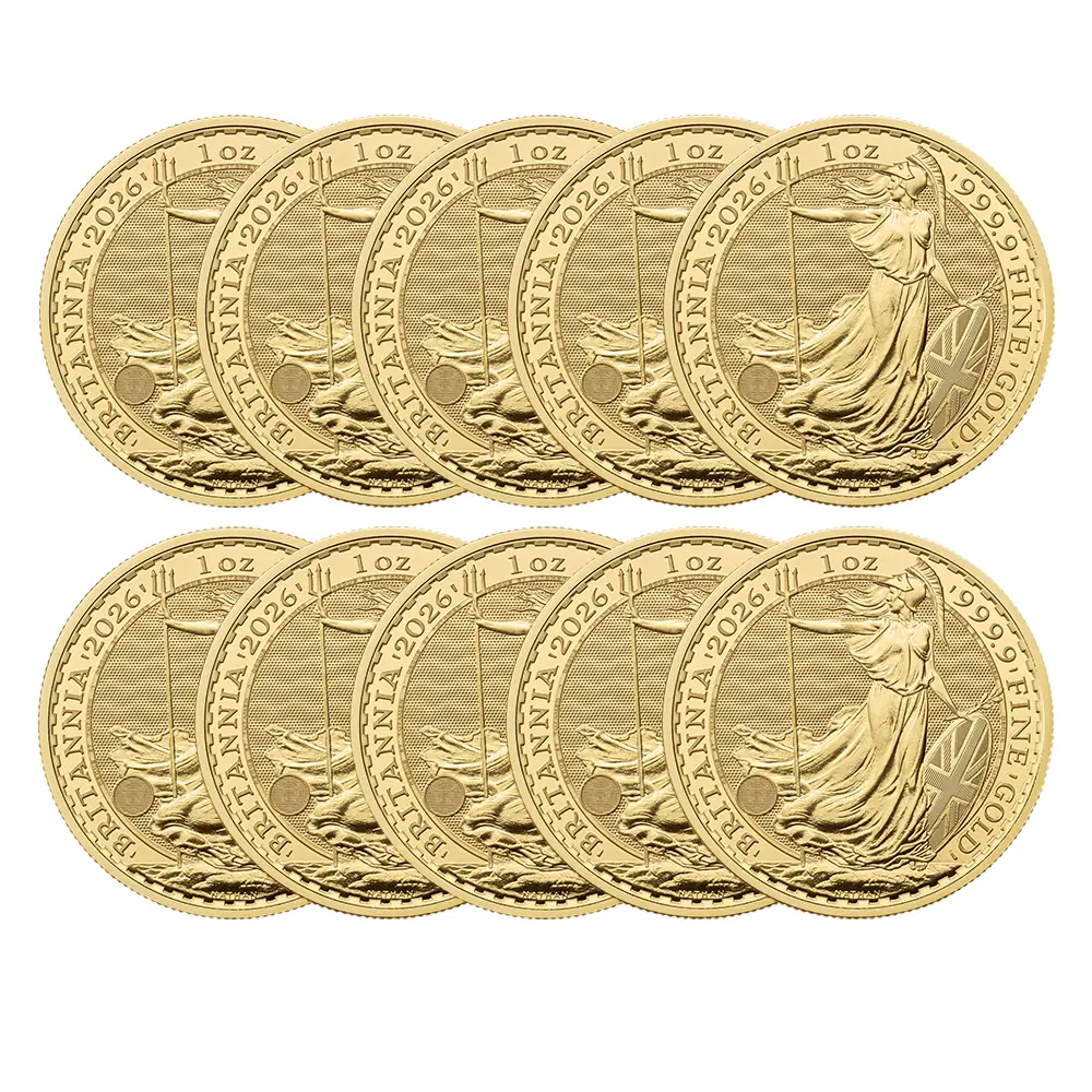 地金型2：6290 イギリス 2026 チャールズ3世 ブリタニア 100ポンド 1オンス 金貨【10枚】 (コインケース付き)