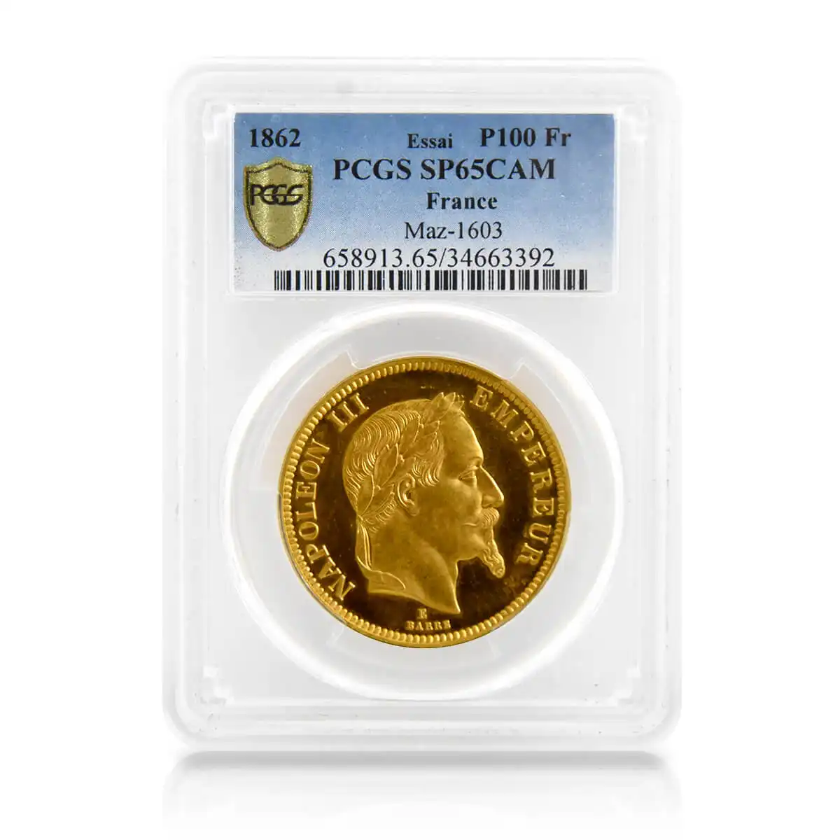 アンティークコイン3：1064 フランス 1862年 ナポレオン3世 有冠 100フラン試作金貨 PCGS SP65CAM
