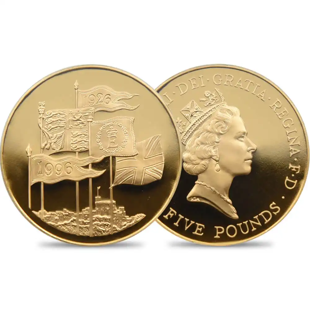 モダンコイン1：1122 1996 エリザベス2世 ミドルエリザべス 女王誕生70周年記念 5ポンド金貨 PCGS PR70DCAM 箱付き
