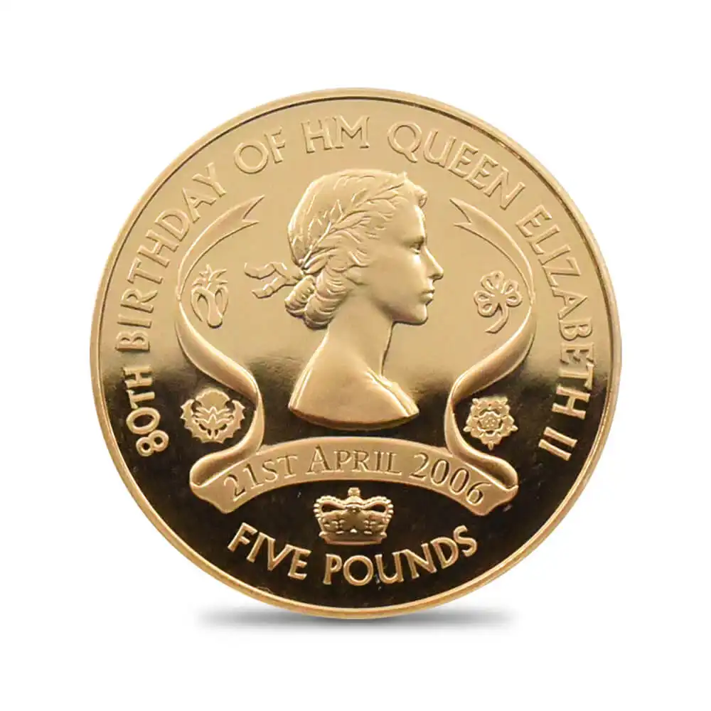 モダンコイン2：1348 ガーンジー 2006 エリザベス2世 女王誕生80周年記念 5ポンド金貨 PCGS PR69DC