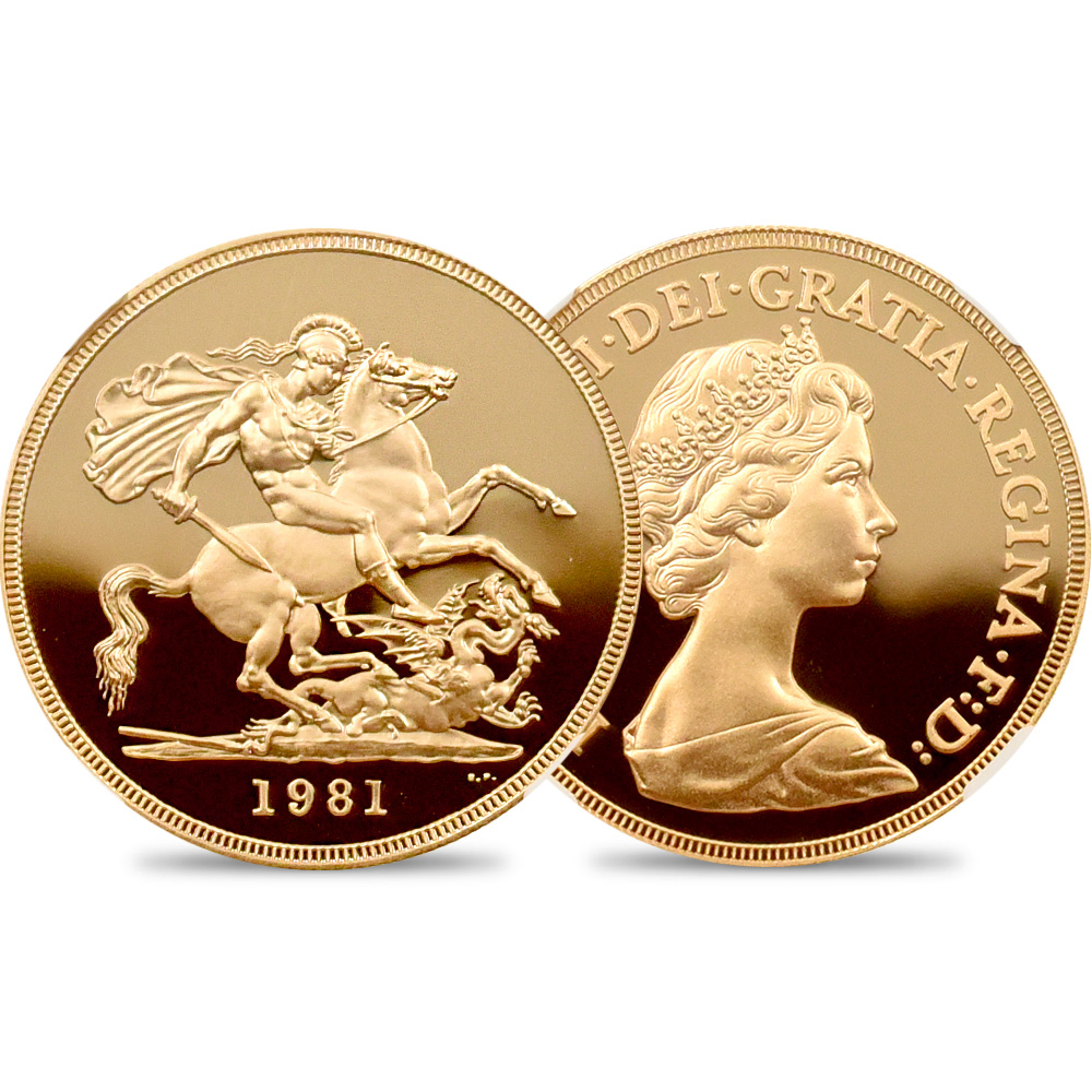 1981 エリザベス2世 ヤングエリザベス 聖ジョージ竜退治 5ソブリン金貨 NGC PF69UC 箱付き 英国アンティークコイン専門店「コインパレス」