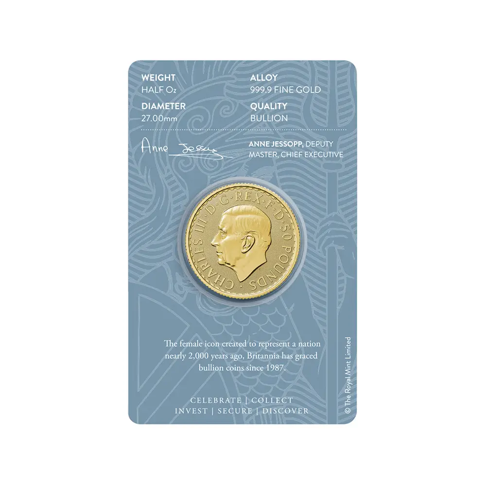 地金型5：6315 イギリス 2025 チャールズ3世 ブリタニア 50ポンド 1/2オンス 金貨 【1枚】(ブリスターパック付き)