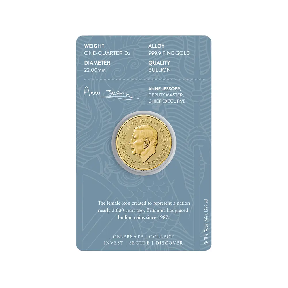 地金型5：6316 イギリス 2025 チャールズ3世 ブリタニア 25ポンド 1/4オンス 金貨 【1枚】(ブリスターパック付き)