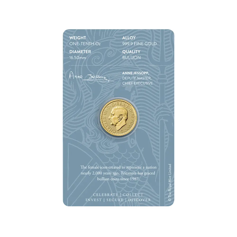 地金型5：6317 イギリス 2025 チャールズ3世 ブリタニア 10ポンド 1/10オンス 金貨 【1枚】(ブリスターパック付き)