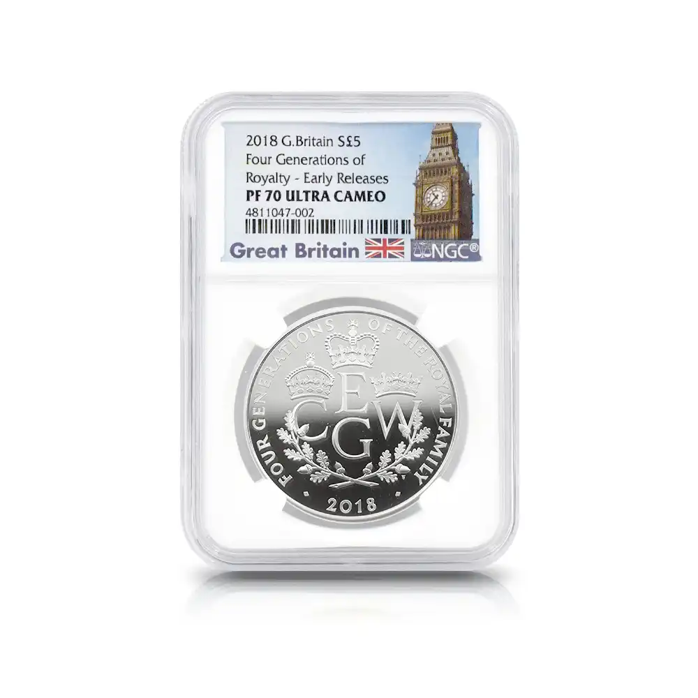 モダンコイン4：1573 2018 エリザベス2世 英国王室4世代祝福記念 5ポンド銀貨 アーリーリリース NGC PF70UC
