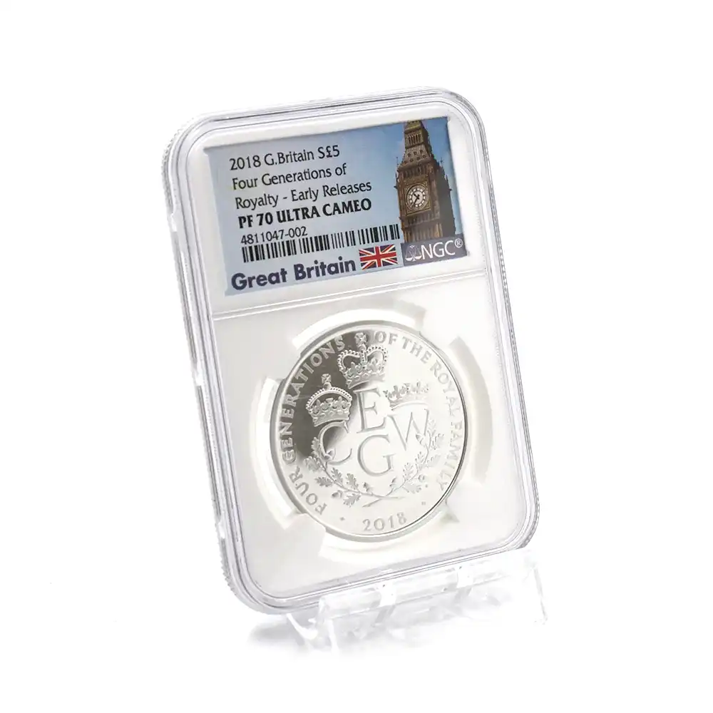モダンコイン6：1573 2018 エリザベス2世 英国王室4世代祝福記念 5ポンド銀貨 アーリーリリース NGC PF70UC