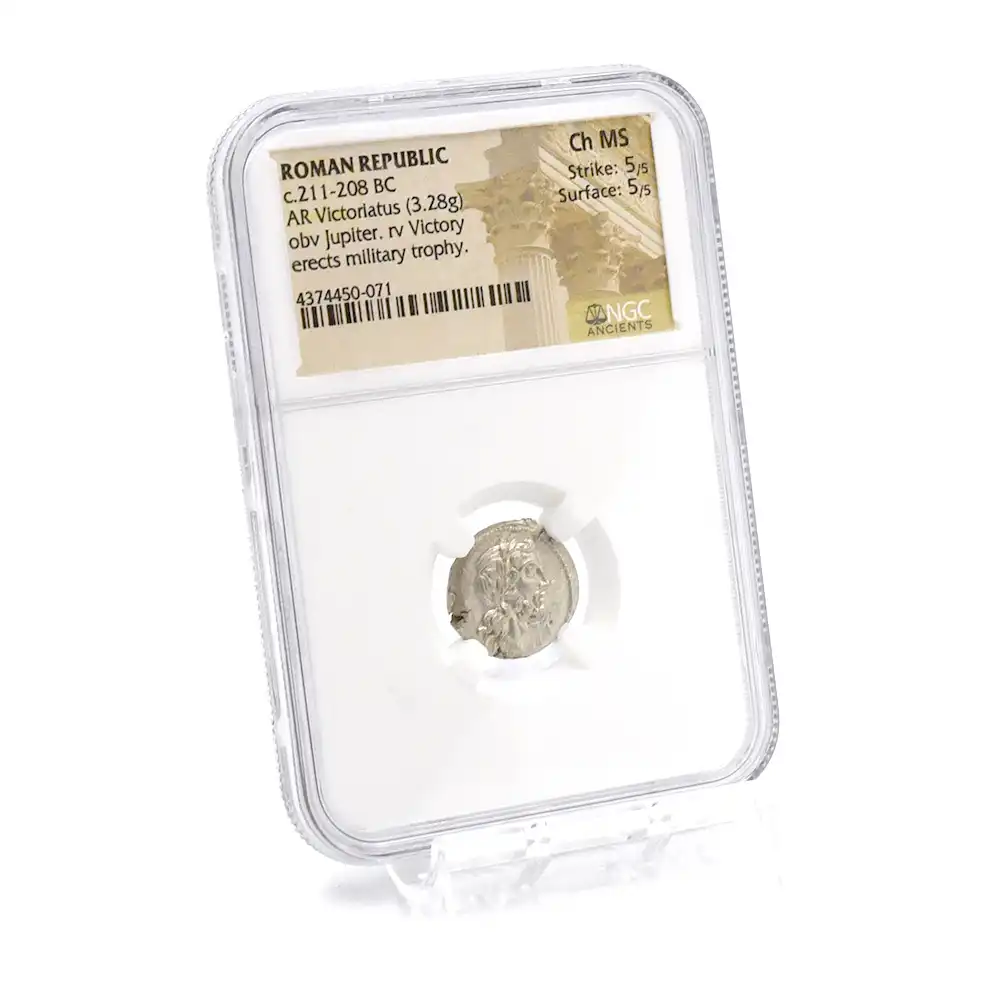 古代コイン6：1815 古代ローマ共和国 紀元前211-208 ヴィクトリアトゥス銀貨 NGC Ch MS Strike: 5/5 Surface: 5/5