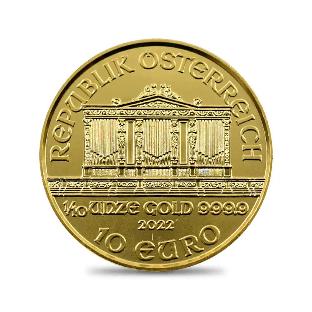 地金型3：1837 オーストリア 2022 ウィーンフィル 10ユーロ 1/10オンス 金貨 【1枚】