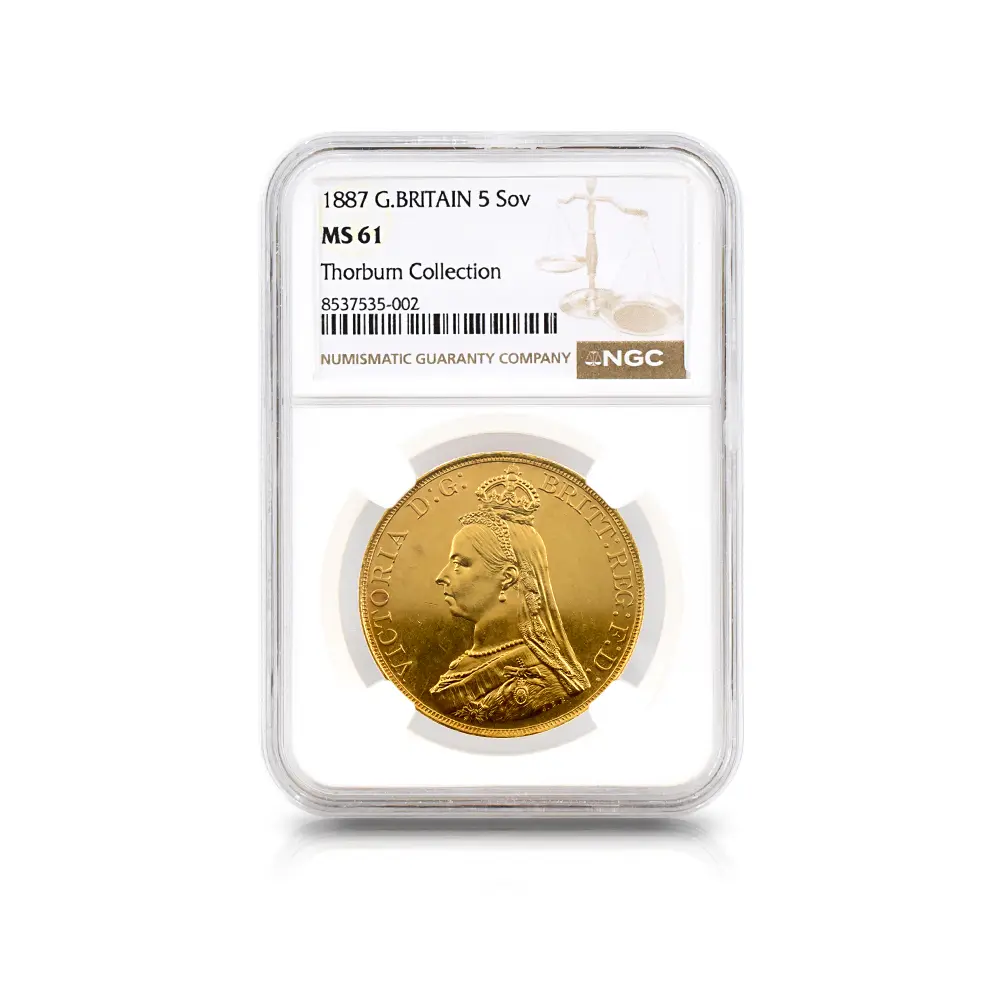 アンティークコイン4:6344 1887 ヴィクトリア女王 ジュビリーヘッド 聖ジョージ竜退治 5ソブリン金貨 NGC MS61 Thorburn Collection
