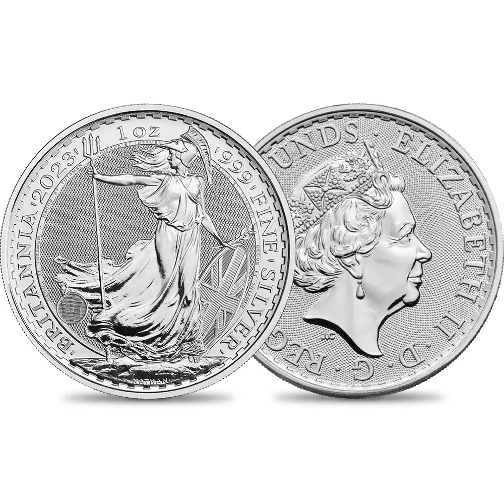 地金型4：2231 イギリス 2023 エリザベス2世 ブリタニア 2ポンド 1オンス 地金型銀貨 【1枚】 (コインケース付き)