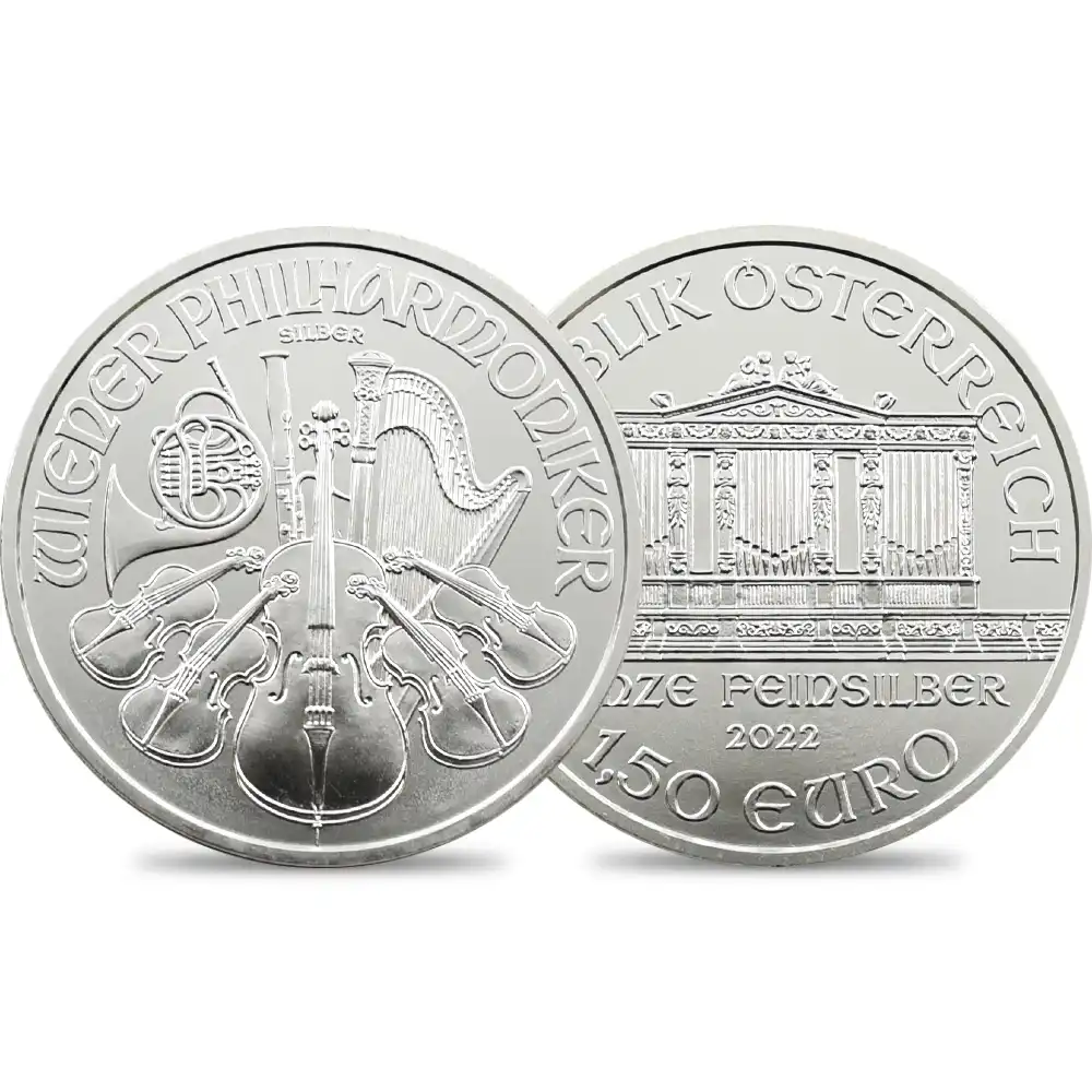 地金型4：2015 オーストリア 2022 ウィーンフィル 1.5ユーロ 1オンス 銀貨 【10枚】セット (コインケース付き)