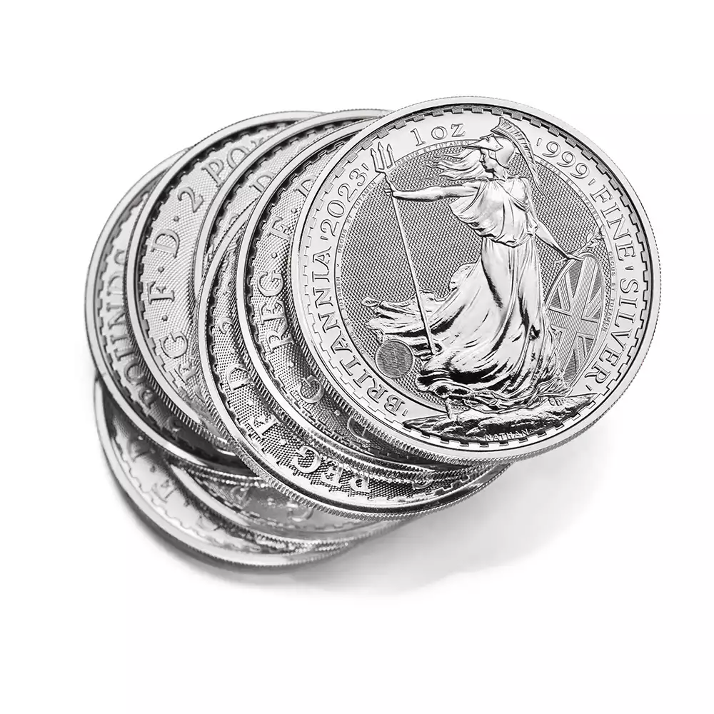 地金型7：2255 イギリス 2023 エリザベス2世 ブリタニア 2ポンド 1オンス 地金型銀貨 【25枚】 (コインチューブ付き)