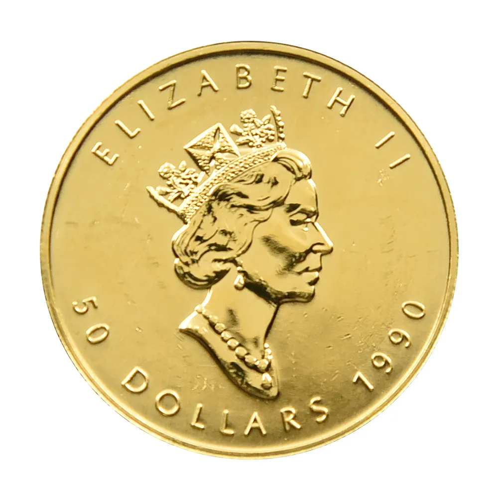 地金型3：3753 カナダ 1990 メイプルリーフ 50ドル 1オンス 金貨 【1枚】 (コインケース付き)