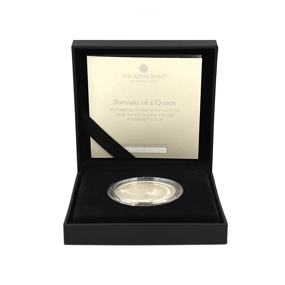 モダンコイン5:6202 2026 チャールズ3世 エリザベス2世のコイン肖像シリーズ 第一弾 ヤングヤングエリザベス 5ポンドプルーフピェフォー銀貨 未鑑定 箱付き