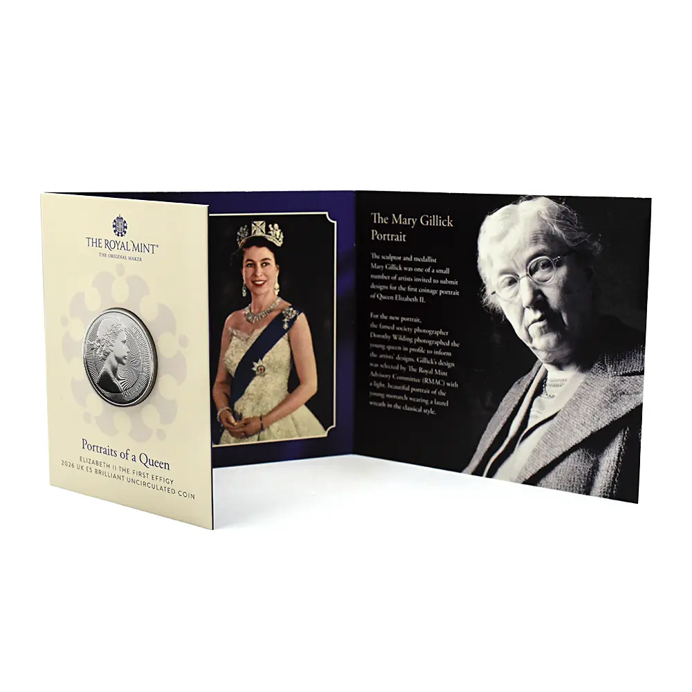 モダンコイン5:6204 2026 チャールズ3世 エリザベス2世のコイン肖像シリーズ 第一弾 ヤングヤングエリザベス 5ポンドBU白銅貨 未鑑定 パッケージ付き