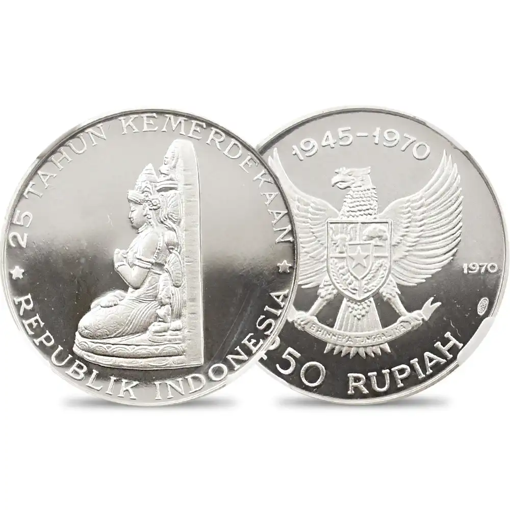 モダンコイン1：2109 インドネシア 1970 独立25周年記念 文殊菩薩像 250ルピア銀貨 NGC PF68UC