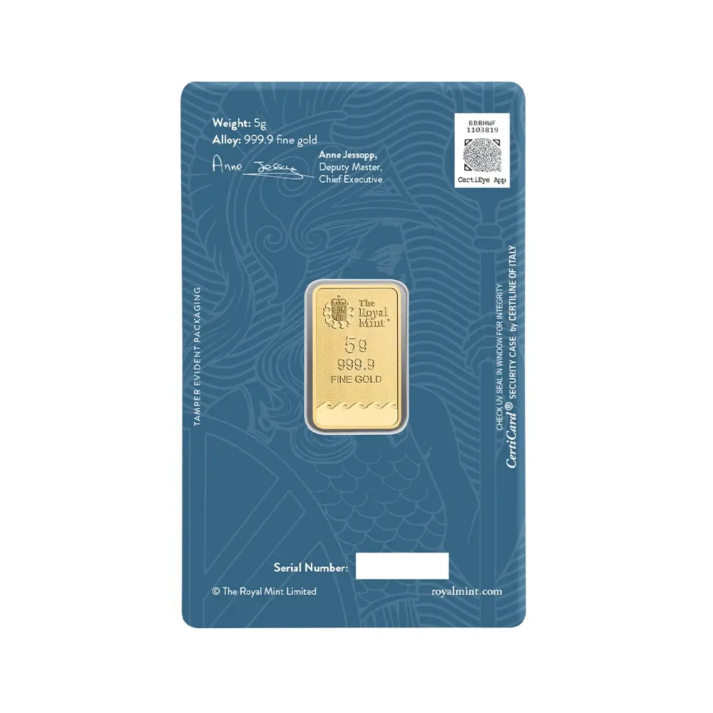 地金型5：6414 【R-TRUST様専用・割引対象外】 イギリス ブリタニア 金の延べ板 5グラム(5g) ゴールドバー 2025年アップグレードデザイン【1本】 (ブリスターパック付き)