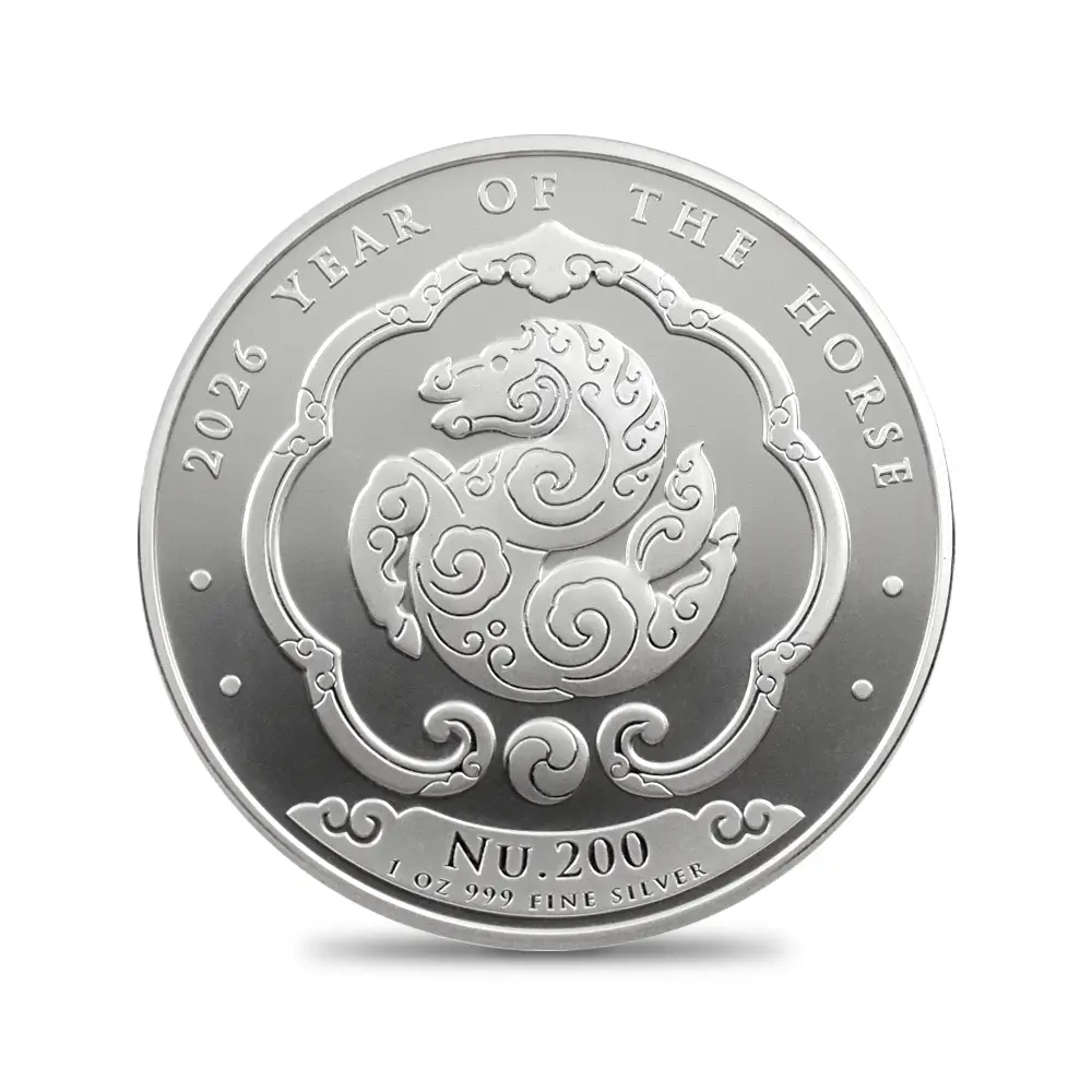 地金型3:6419 ブータン 2026 干支午年 馬年 200ニュルタム 1オンス 銀貨 【1枚】 (コインケース付き)