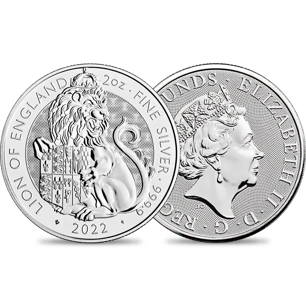 地金型1：1608 2022 エリザベス2世  ロイヤルテューダービースト イングランドのライオン 5ポンド2オンス 地金型銀貨 【ご予約承り品】