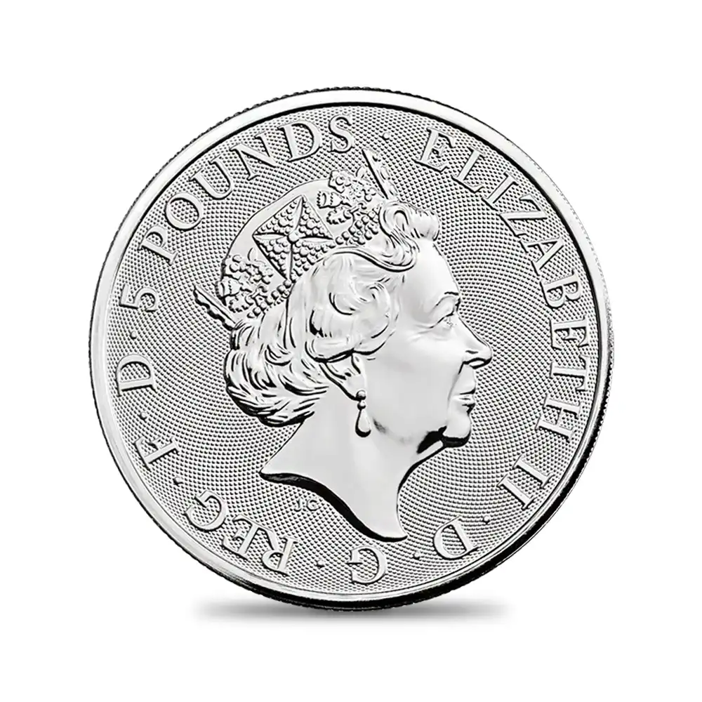 地金型3：1608 2022 エリザベス2世  ロイヤルテューダービースト イングランドのライオン 5ポンド2オンス 地金型銀貨 【ご予約承り品】