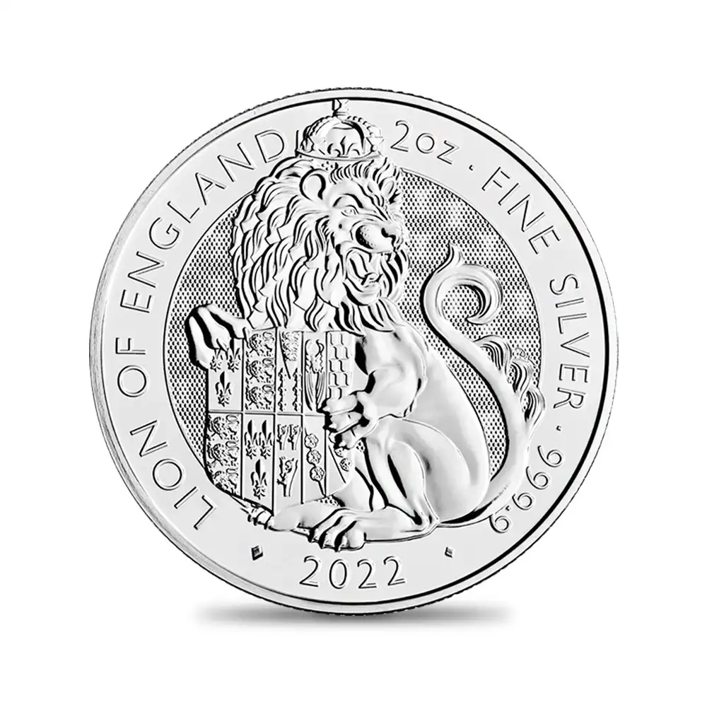 地金型4：1608 2022 エリザベス2世  ロイヤルテューダービースト イングランドのライオン 5ポンド2オンス 地金型銀貨 【ご予約承り品】
