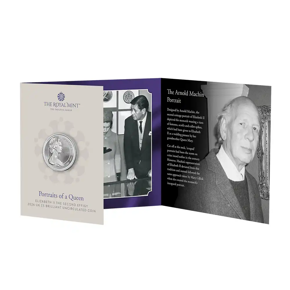 モダンコイン5:6427 2026 チャールズ3世 エリザベス2世のコイン肖像シリーズ 第二弾 ヤングエリザベス 5ポンドBU白銅貨 未鑑定 パッケージ付き【ご予約承り品】