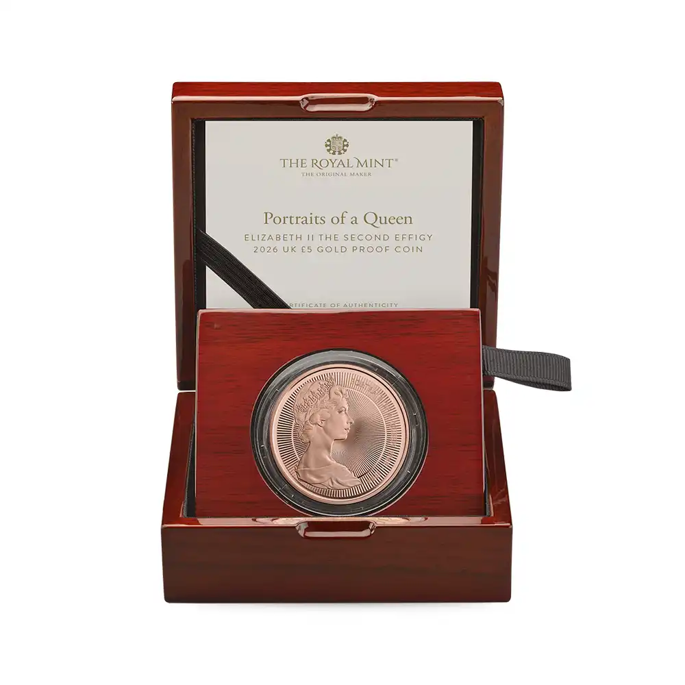 モダンコイン4:6430 2026 チャールズ3世 エリザベス2世のコイン肖像シリーズ 第二弾 ヤングエリザベス 5ポンドプルーフ金貨 未鑑定 箱付き【ご予約承り品】