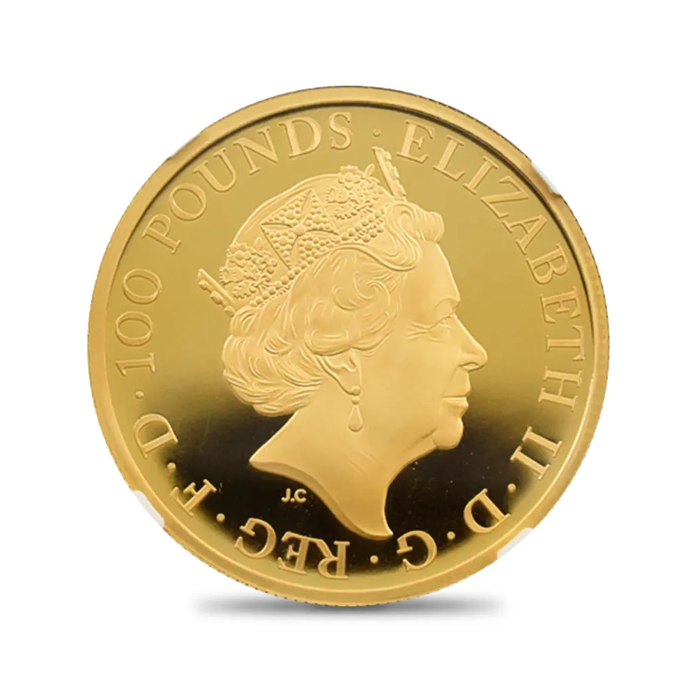 モダンコイン3:6436 2021 エリザベス2世 クイーンズビースト コンプリーター 英国王室の十大守護獣 100ポンド1オンス金貨 NGC PF70UC 箱付き
