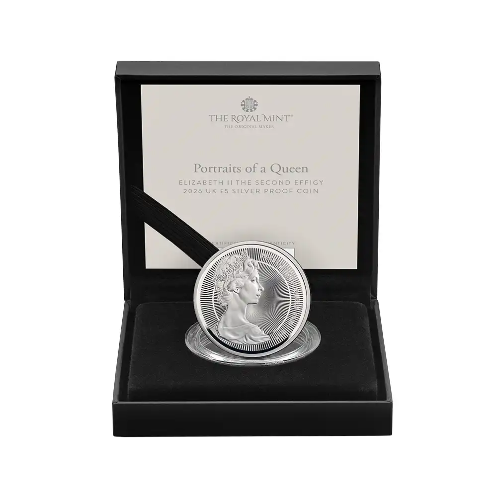モダンコイン5:6439 【未鑑定+鑑定オプション付き】2026 チャールズ3世 エリザベス2世のコイン肖像シリーズ 第二弾 ヤングエリザベス 5ポンドプルーフ銀貨 未鑑定 箱付き【ご予約承り品】