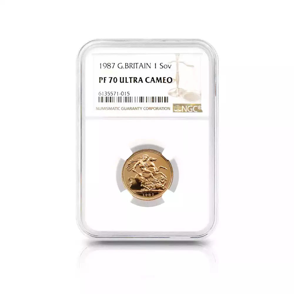 モダンコイン4：2351 1987 エリザベス2世 ミドルエリザベス 聖ジョージ竜退治 ソブリン金貨 NGC PF70UC