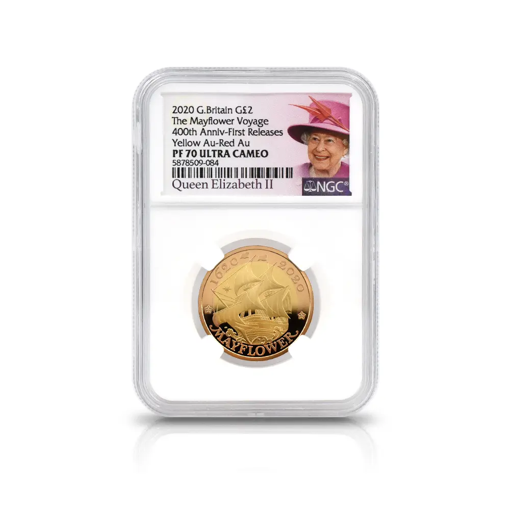 モダンコイン4：6453 2020 エリザベス2世 メイフラワー号出航400周年 2ポンド2色金貨 ファーストリリース NGC PF70UC 箱付き