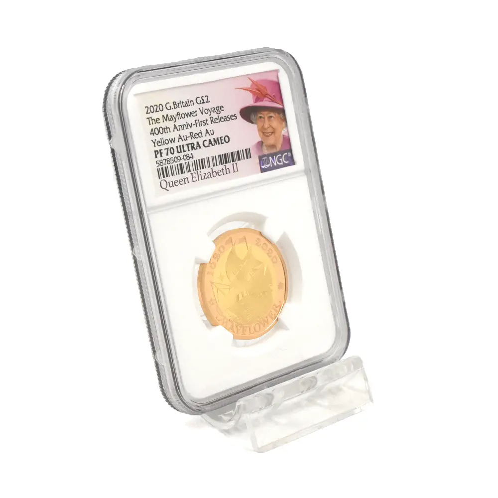 モダンコイン6：6453 2020 エリザベス2世 メイフラワー号出航400周年 2ポンド2色金貨 ファーストリリース NGC PF70UC 箱付き