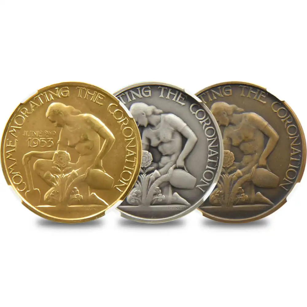 メダル2：1358 1953 エリザベス2世 戴冠記念メダル 金銀銅3枚セット