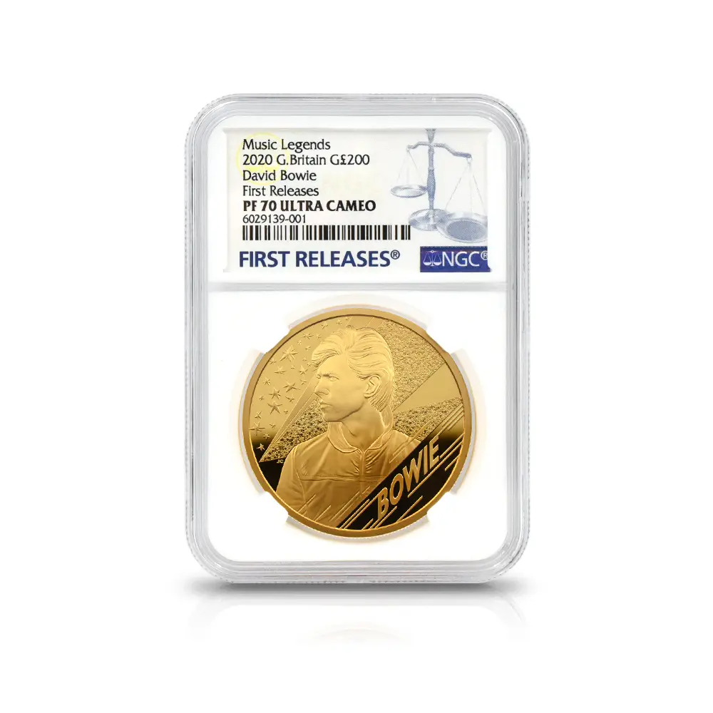 モダンコイン4：6454 2020 エリザベス2世 ミュージックレジェンド第3弾 デヴィッド・ボウイ 200ポンド2オンス金貨 ファーストリリース NGC PF70UC 箱付き