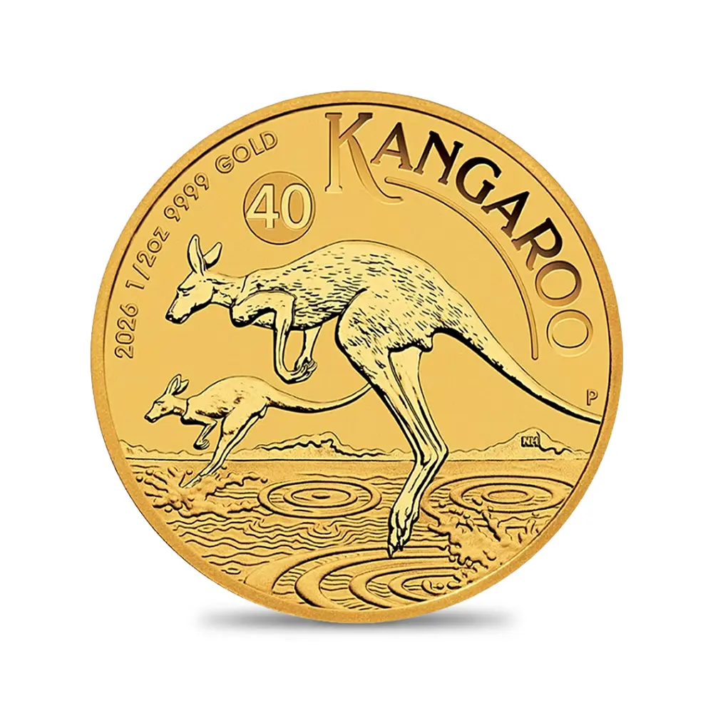 地金型2:6457 オーストラリア 2026 カンガルー 50ドル 1/2オンス 金貨 【1枚】 (コインケース付き)