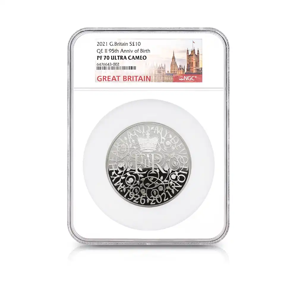 モダンコイン4:6466 2021 エリザベス2世 女王生誕95周年記念 10ポンド5オンス銀貨 NGC PF70UC 箱付き