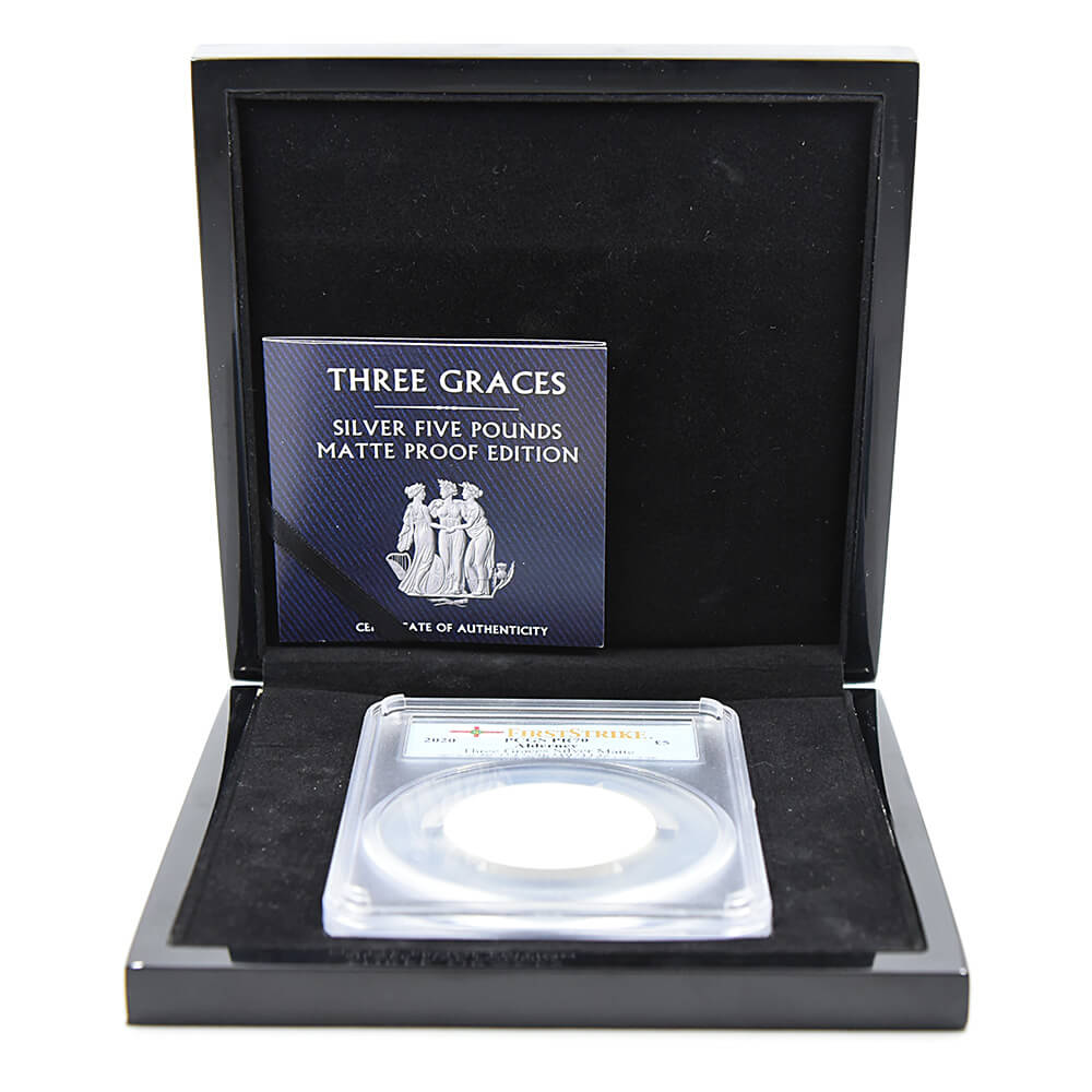 モダンコイン8：6472 オルダニー島 2020 エリザベス2世 スリーグレーセス 5ポンド2オンス銀貨 マットプルーフ仕上げ ファーストストライク PCGS PR70 箱付き