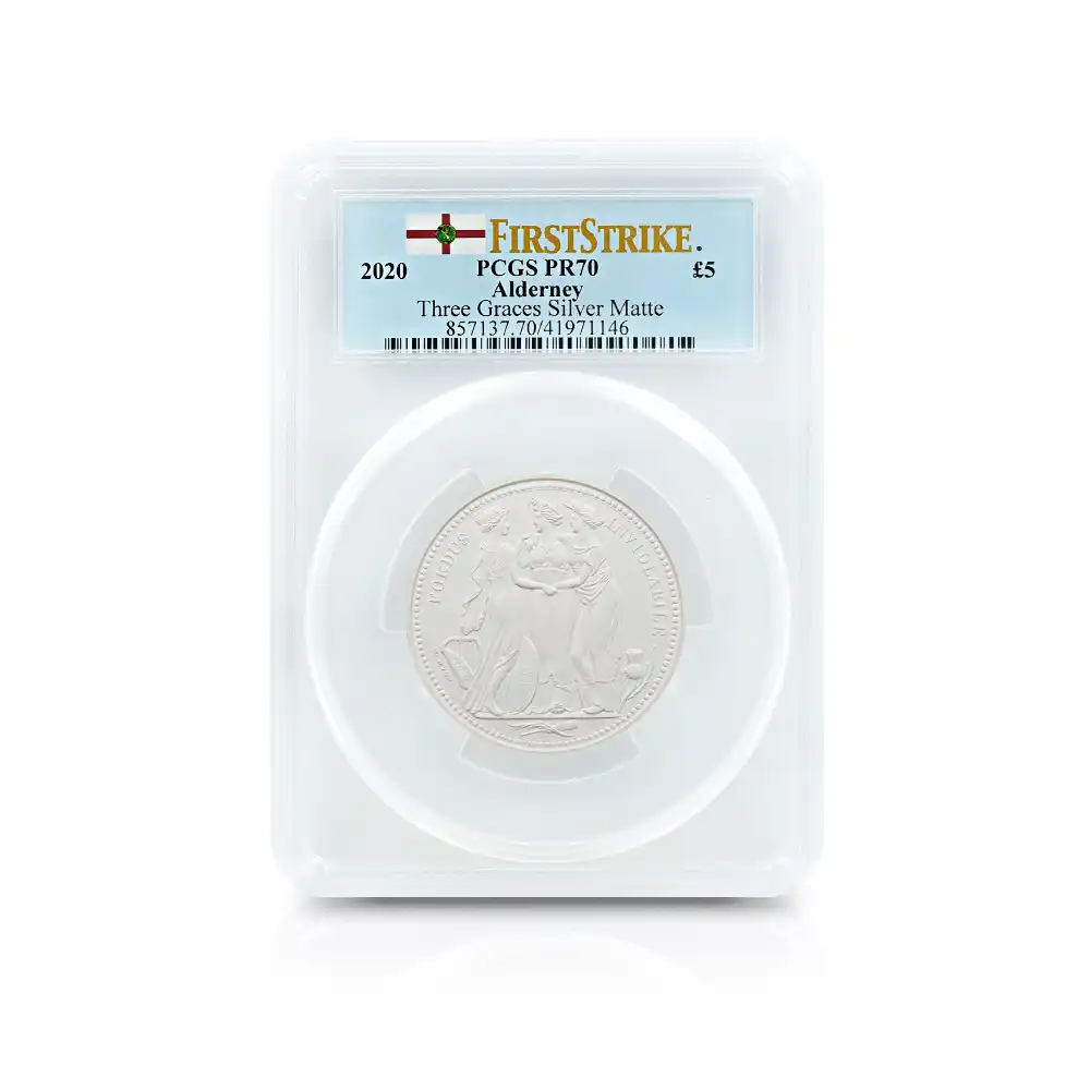 モダンコイン4：6472 オルダニー島 2020 エリザベス2世 スリーグレーセス 5ポンド2オンス銀貨 マットプルーフ仕上げ ファーストストライク PCGS PR70 箱付き