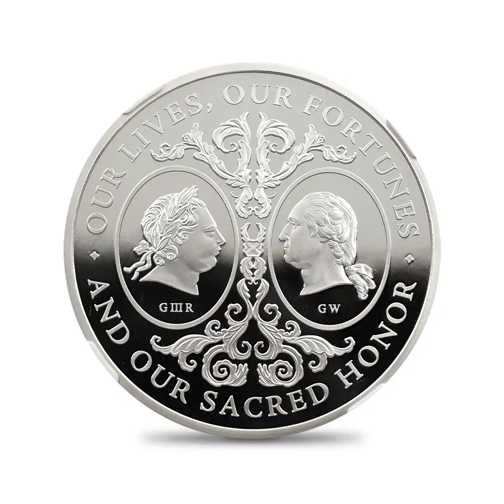モダンコイン2：6474 2025 チャールズ3世 アメリカ独立戦争250周年 ジョージ3世＆ジョージ・ワシントン 2ポンド1オンス銀貨 発行即日鑑定品 NGC PF70UC 箱付き